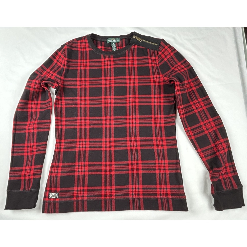 Lauren Ralph Lauren Plaid Top Red Black‎ Elbow Patch Zip Shoulder Size M